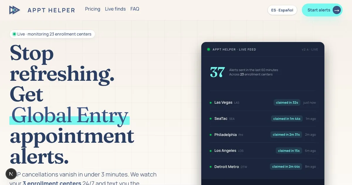 Appt Helper live dashboard showing Global Entry and SENTRI appointment slots being claimed in real time
