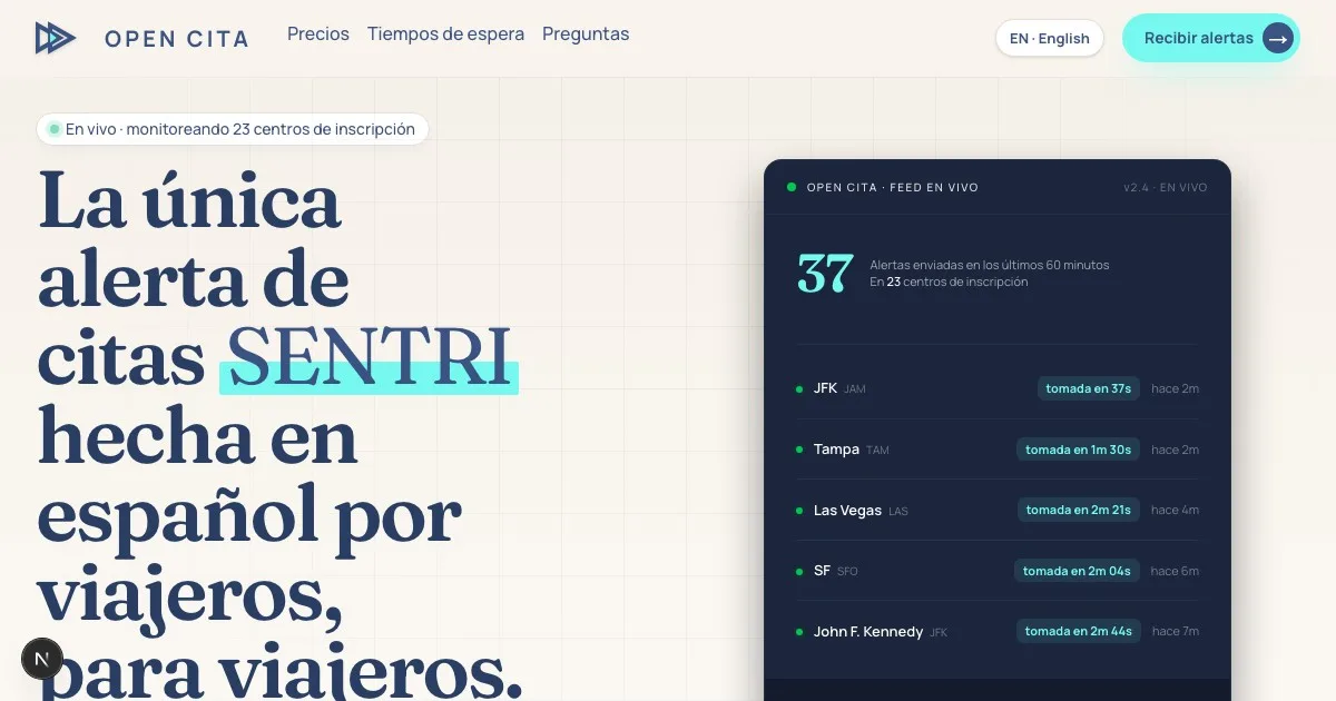 Open Cita live dashboard, the Spanish-language version of Appt Helper, showing appointment slots being claimed