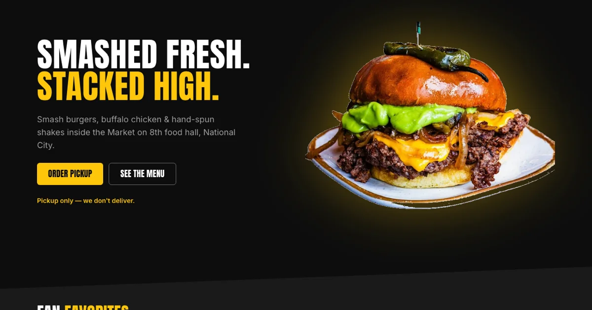 Smash Bacon homepage hero, a smash-burger restaurant website with online pickup ordering